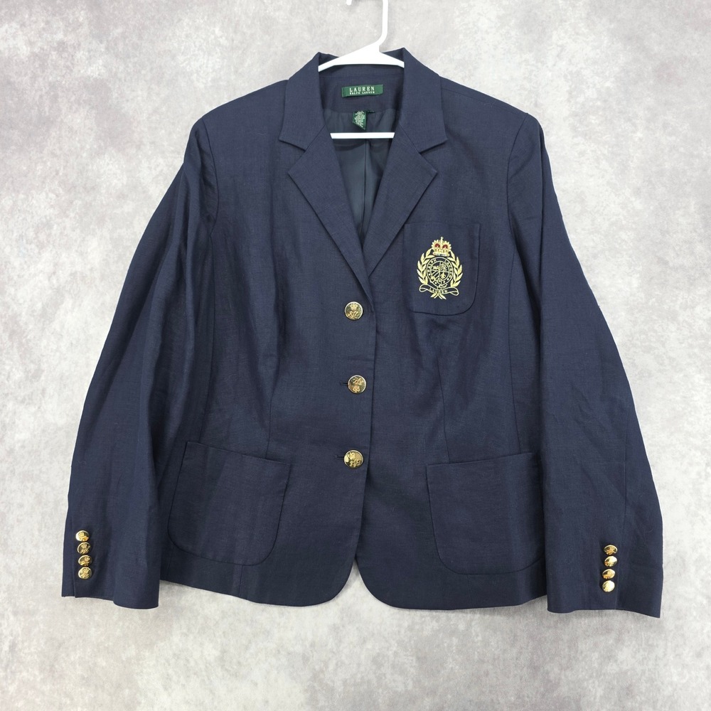 Lauren Ralph Lauren Linen Blazer Gold Bullion Crest Jacket Navy Blue Womens 16
